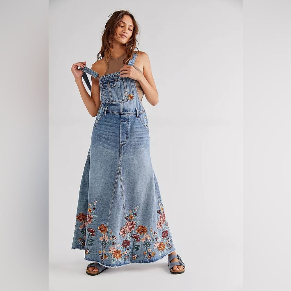 Free People X DRIFTWOOD Garden Skirtall Embroidered Overall Maxi Dress SZ Small